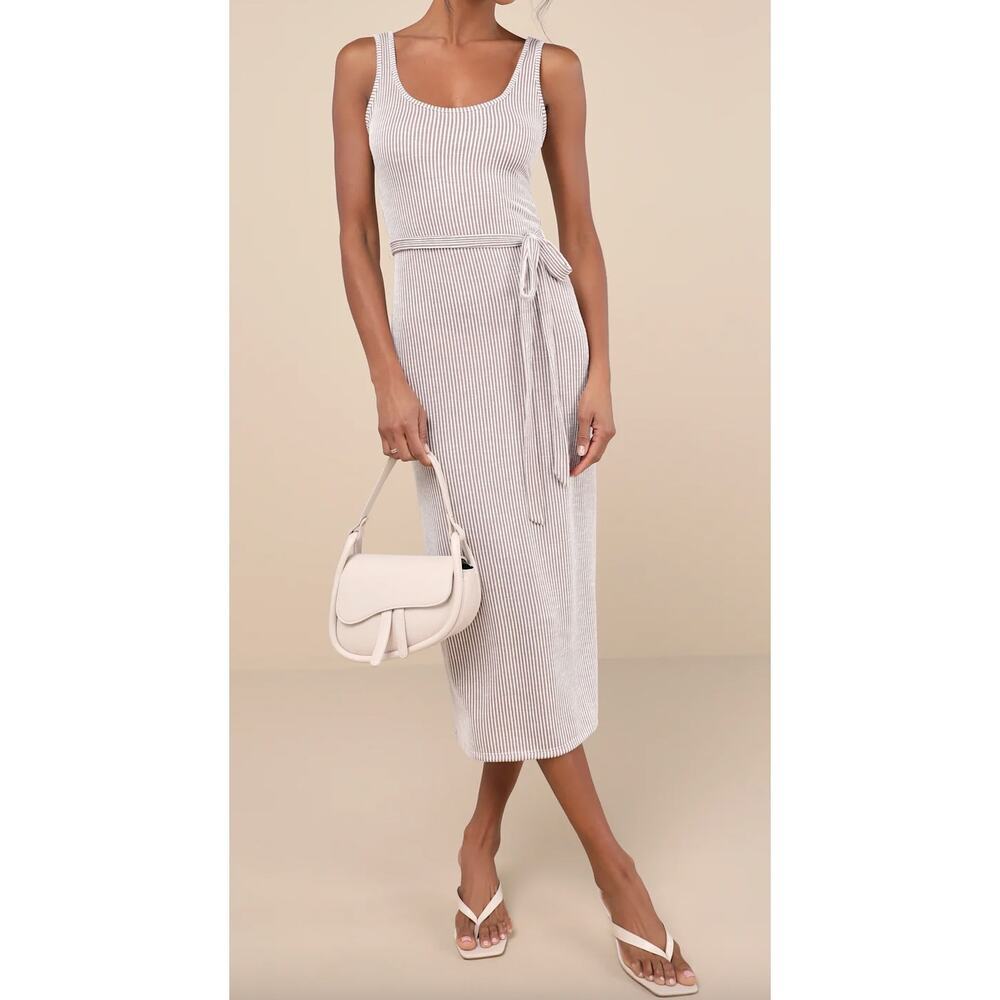NWT Lulus Summer Perfection Taupe and Ivory Striped Ribbed Midi Dress Medium